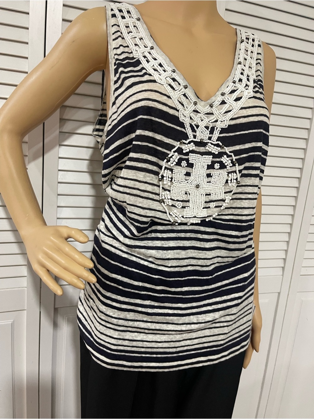 Tory Burch Navy & White Striped Beaded V-Neck Tank - Picture 4 of 7